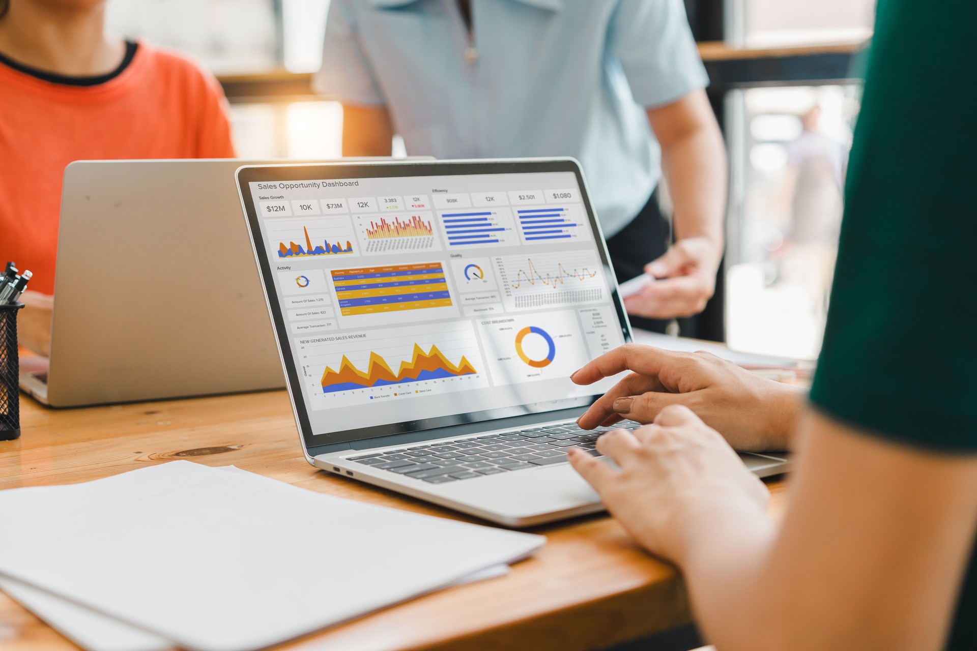 Person interacts with a digital sales dashboard displaying various performance metrics and analytics.